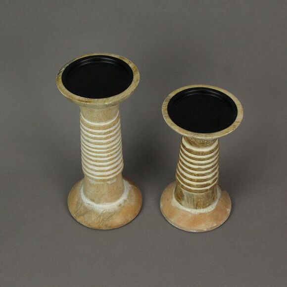 Set of 2 Wood Pedestal Candle Holders Rustic White Washed Pillar Centerpieces - Picture 3 of 3